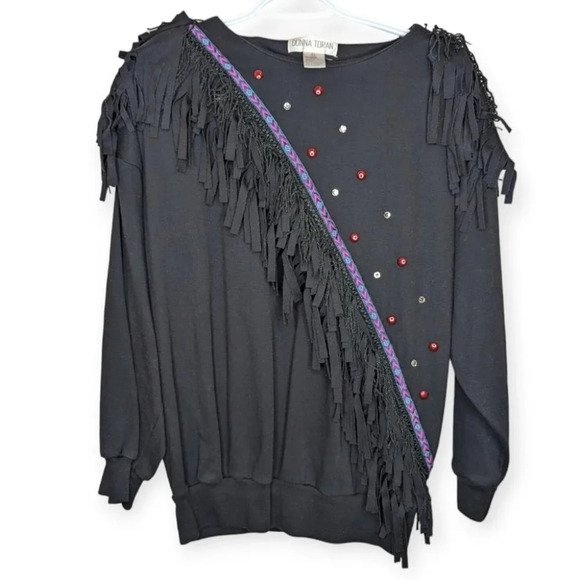Vintage Sweaters - Vintage Donna Toran Black Studded Fringe Shoulder Sweater Women XL